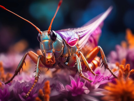 A close up of a grasshopper on a flower. Generative AI image.の素材