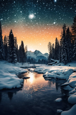 A river running through a snow covered forest. Generative AI image.の素材
