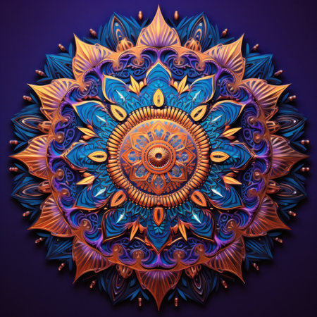 A blue and gold paper art design on a purple background. Generative AI image.の素材