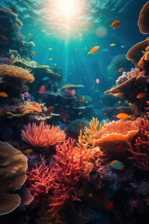 A coral reef with many different types of fish. Generative AI image.の素材