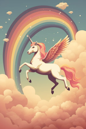 A unicorn flying through the sky with a rainbow in the background. Generative AI image.の素材