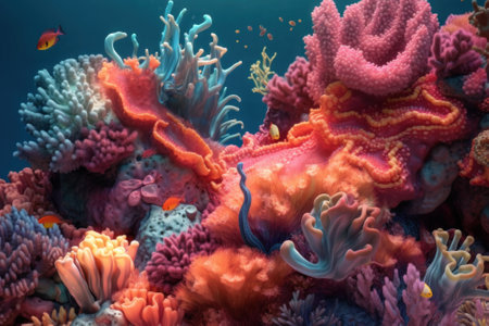 An underwater scene of corals and sea anemonies. Generative AI image.の素材