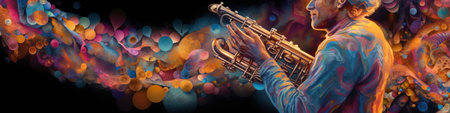 A painting of a man playing a saxophone. Generative AI image.の素材