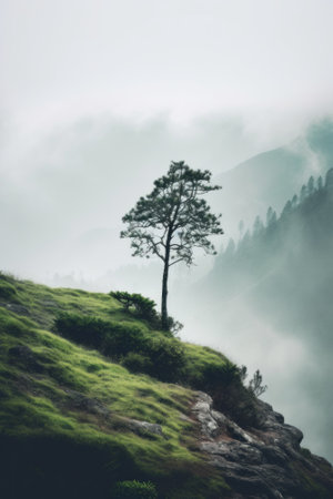A lone tree stands on a grassy hill. Generative AI image.の素材