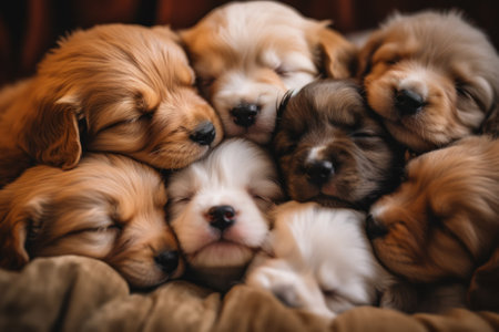 A bunch of puppies are sleeping together. Generative AI image.の素材