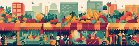 A street market with people shopping and selling fruits and vegetables. Generative AI image.の素材