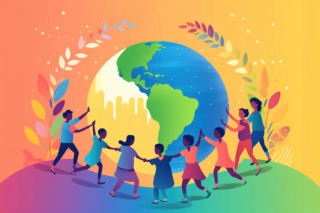 A group of people holding hands around the world. Generative AI image.の素材