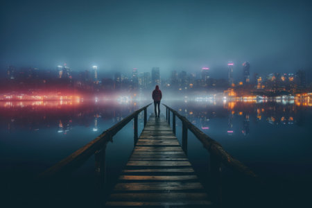 A person standing on a dock looking at a city at night. Generative AI image.の素材