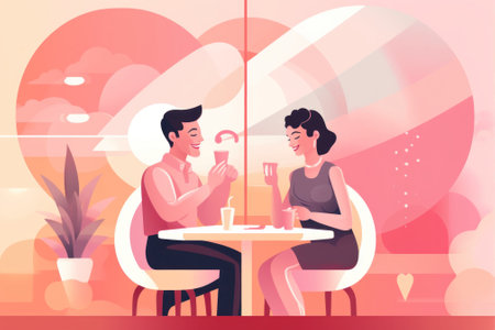 A man and a woman sitting at a table. Generative AI image.の素材