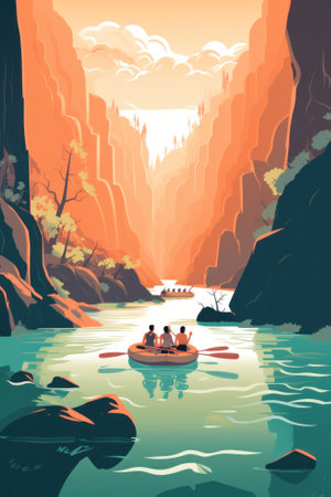 A group of people in a boat on a river. Generative AI image.の素材