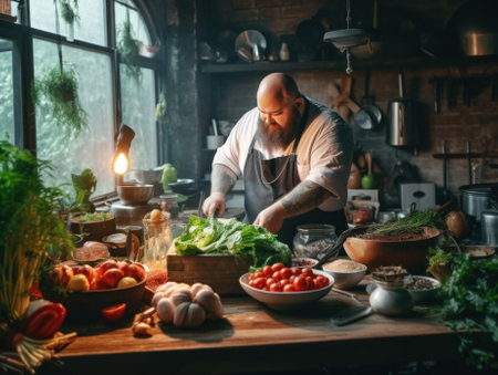 A man in a kitchen preparing food on a table. Generative AI image.の素材