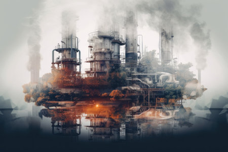 A picture of a factory with smoke coming out of it. Generative AI image.の素材