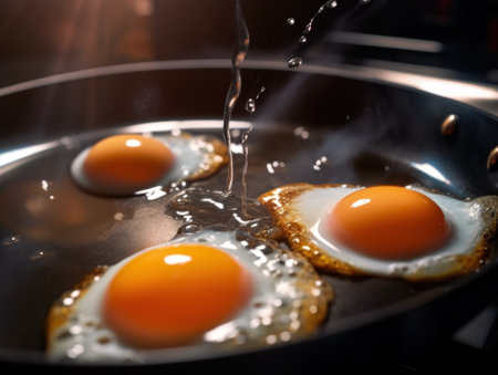 Three eggs frying in a frying pan on a stove. Generative AI image.の素材