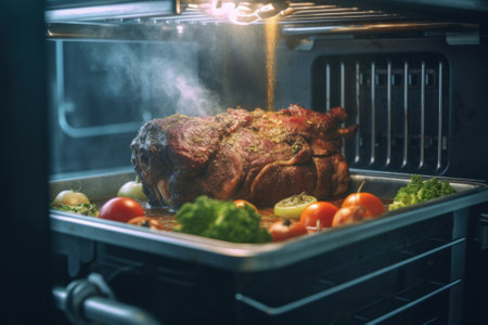 A roasting pan filled with meat and vegetables. Generative AI image.の素材
