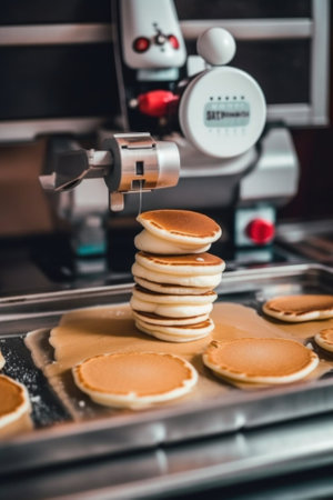 A pan of pancakes being made by a machine. Generative AI image.の素材