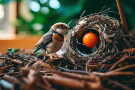 A small bird standing next to a nest with an egg in it. Generative AI image.の素材