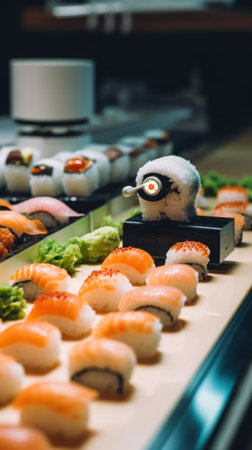 A sushi bar filled with lots of different types of sushi. Generative AI image.