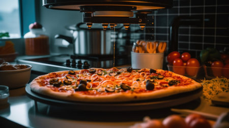 A pizza sitting on top of a pan on top of a counter. Generative AI image.の素材
