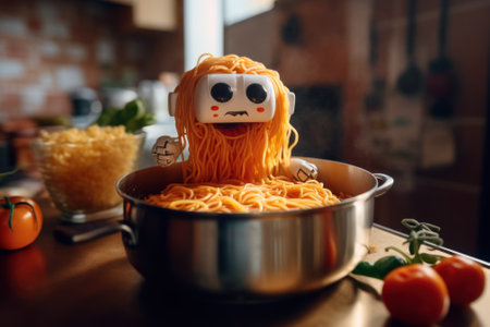 A bowl of spaghetti with a face on top of it. Generative AI image.の素材