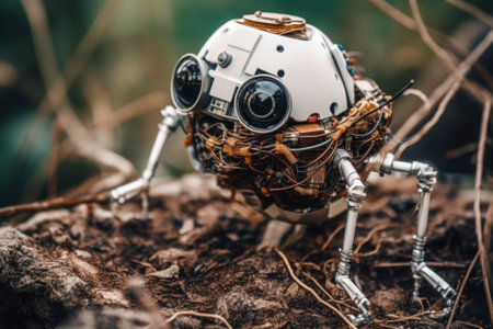 A toy robot sitting on top of a pile of dirt. Generative AI image.の素材
