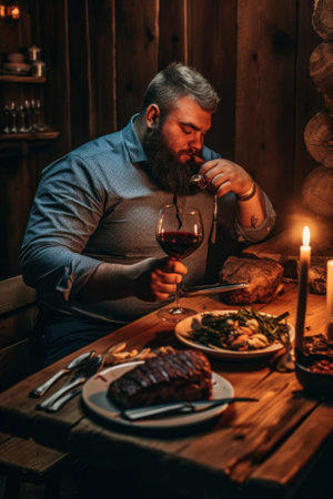 A man sitting at a table with a glass of wine. Generative AI image.の素材