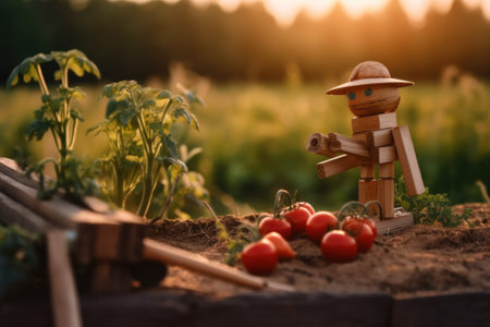 A wooden man with a hat is standing in a garden with tomatoes. Generative AI image.の素材