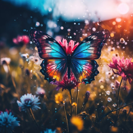 A colorful butterfly sitting on top of a flower. Generative AI image.の素材