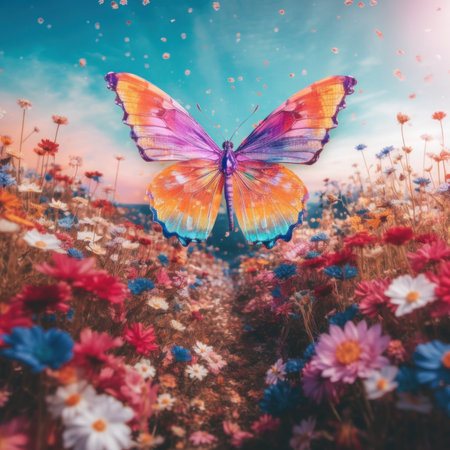 A butterfly flying over a field of flowers. Generative AI image.の素材