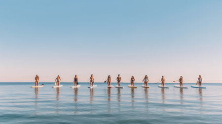 A group of people riding surfboards on top of a body of water. Generative AI image.の素材