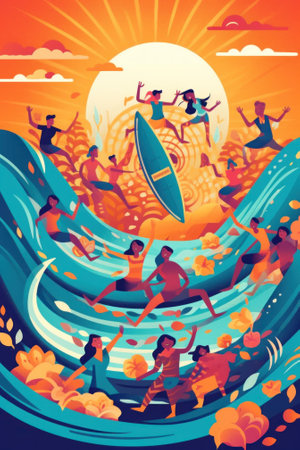 A group of people riding surfboards on top of a wave. Generative AI image.の素材