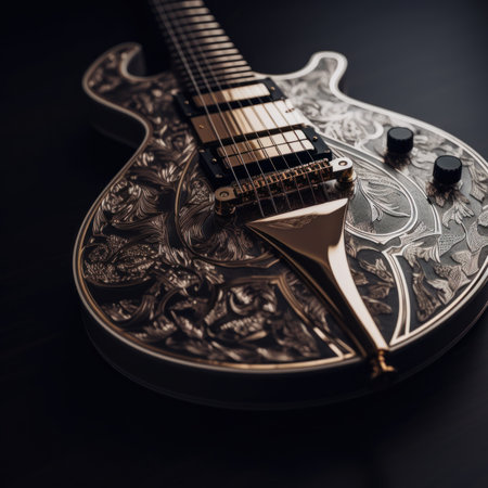 A close up of a guitar on a table. Generative AI image.の素材