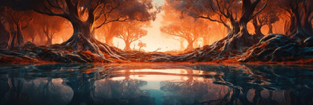 A painting of a forest with a lake in the foreground. Generative AI image.の素材