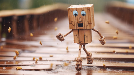 A wooden block character running in the rain. Generative AI image.の素材