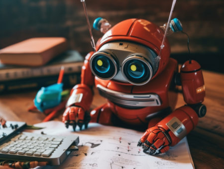 A red robot sitting on top of a desk next to a keyboard. Generative AI image.の素材