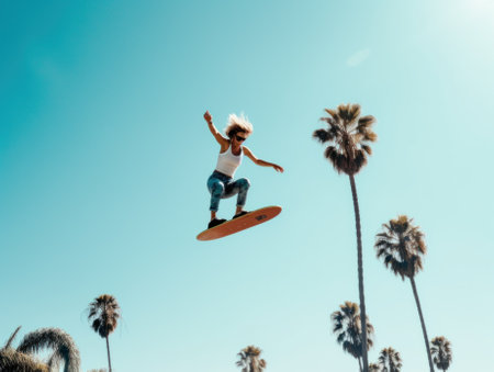 A person jumping a skate board in the air. Generative AI image.の素材