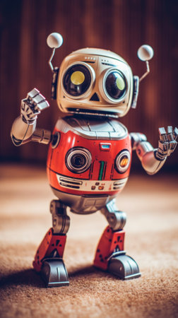 A toy robot is standing on the floor. Generative AI image.の素材
