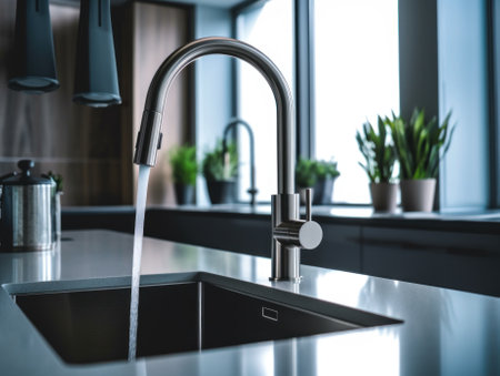 A kitchen sink with a faucet running over it. Generative AI image.の素材