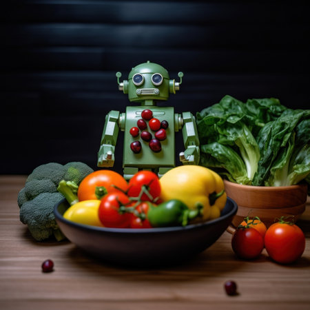 A robot sitting next to a bowl of vegetables. Generative AI image.の素材