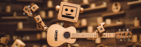 A wooden robot with a guitar in his hands. Generative AI image.の素材
