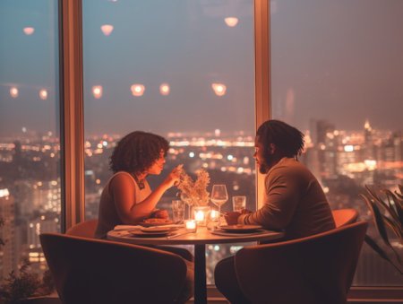 A man and a woman sitting at a table in front of a window. Generative AI image.の素材