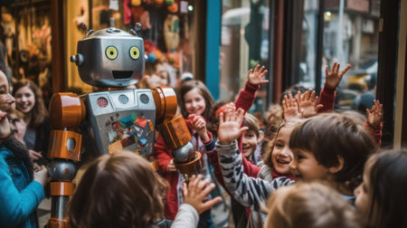 A group of children standing around a robot. Generative AI image.の素材