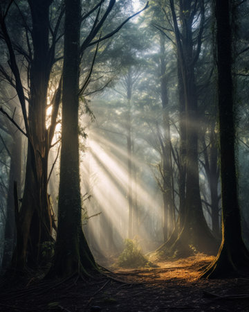 The sun shines through the trees in the forest. Generative AI image.の素材