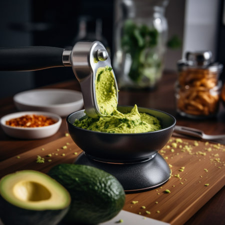 A bowl of guacamole being squeezed with a squeezer. Generative AI image.の素材