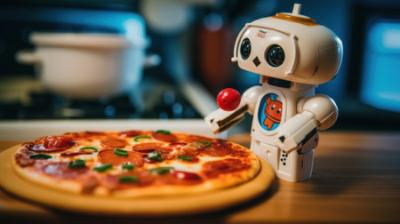 A toy robot is standing next to a pizza. Generative AI image.の素材