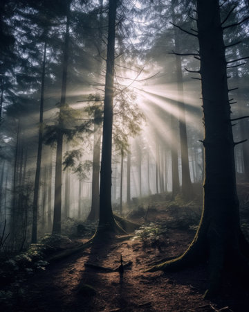 The sun is shining through the trees in the woods. Generative AI image.の素材