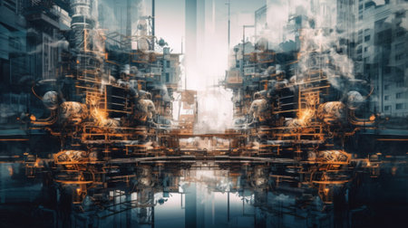 A city filled with lots of tall buildings. Generative AI image.の素材