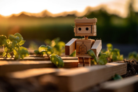 A small wooden robot standing in a garden. Generative AI image.の素材