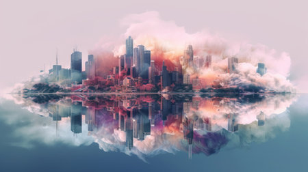 A picture of a city in the middle of a lake. Generative AI image.の素材