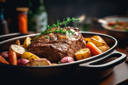 A roasting dish with potatoes, carrots, and a sprig of rosemary. Generative AI image.の素材