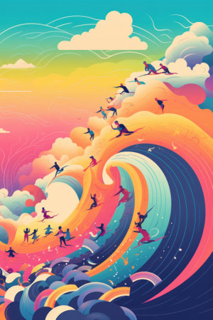 A group of surfers riding a wave in the ocean. Generative AI image.の素材